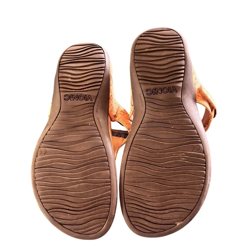 Vionic Lana Taupe/Gold Cork Thong Sandal Slide Sz 8 Comfort Podiatrist Crafted